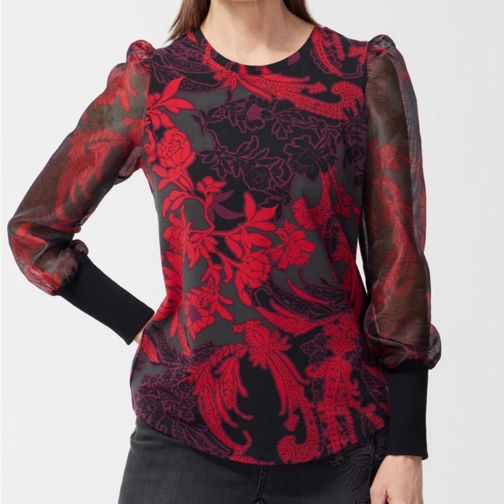 Chico’s Red Black Purple Sheer Puff Sleeve Floral Tee Blouse NWT sz 4 or 2X